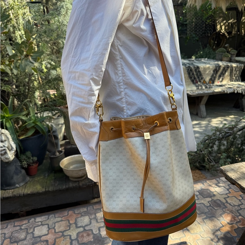 Vintage Gucci GG Monogram Bucket Bag Web Stripe Canvas Leather